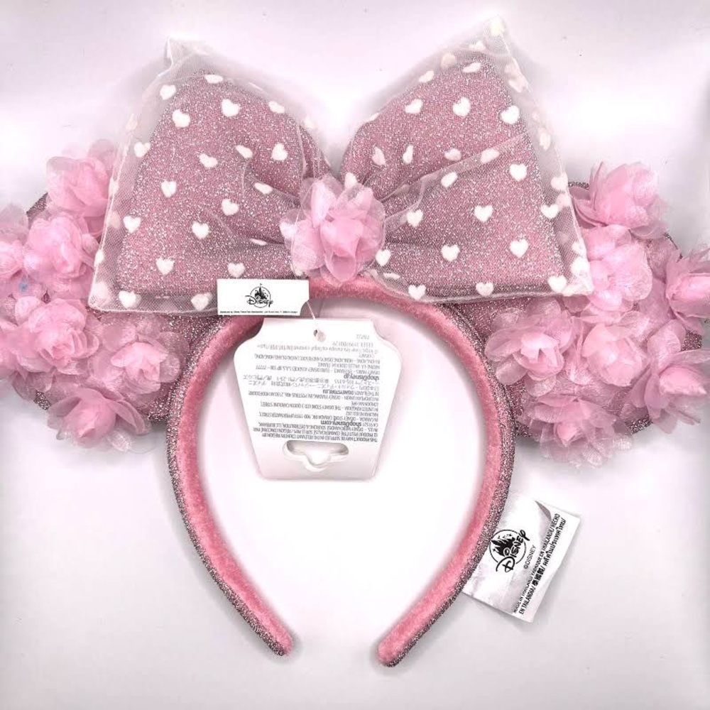 2023 Disney Parks Valentines Pink Rosebud White Hearts Minnie Ears Headband